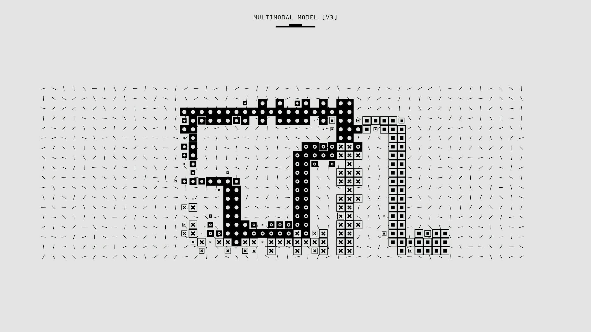 Abstract representation of a multimodal model with vectorized patterns and symbols in monochrome.