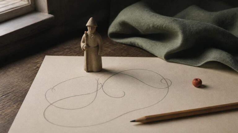 A small clay guard stands on warm paper next to a looping pencil path, with a pencil and a clay-orange bead on an oak desk.