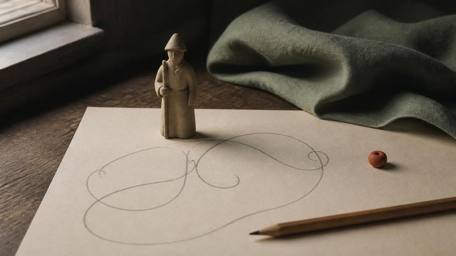 A small clay guard stands on warm paper next to a looping pencil path, with a pencil and a clay-orange bead on an oak desk.