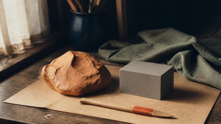 A lump of clay sits beside a plain gray block and a wooden sculpting tool on warm paper.