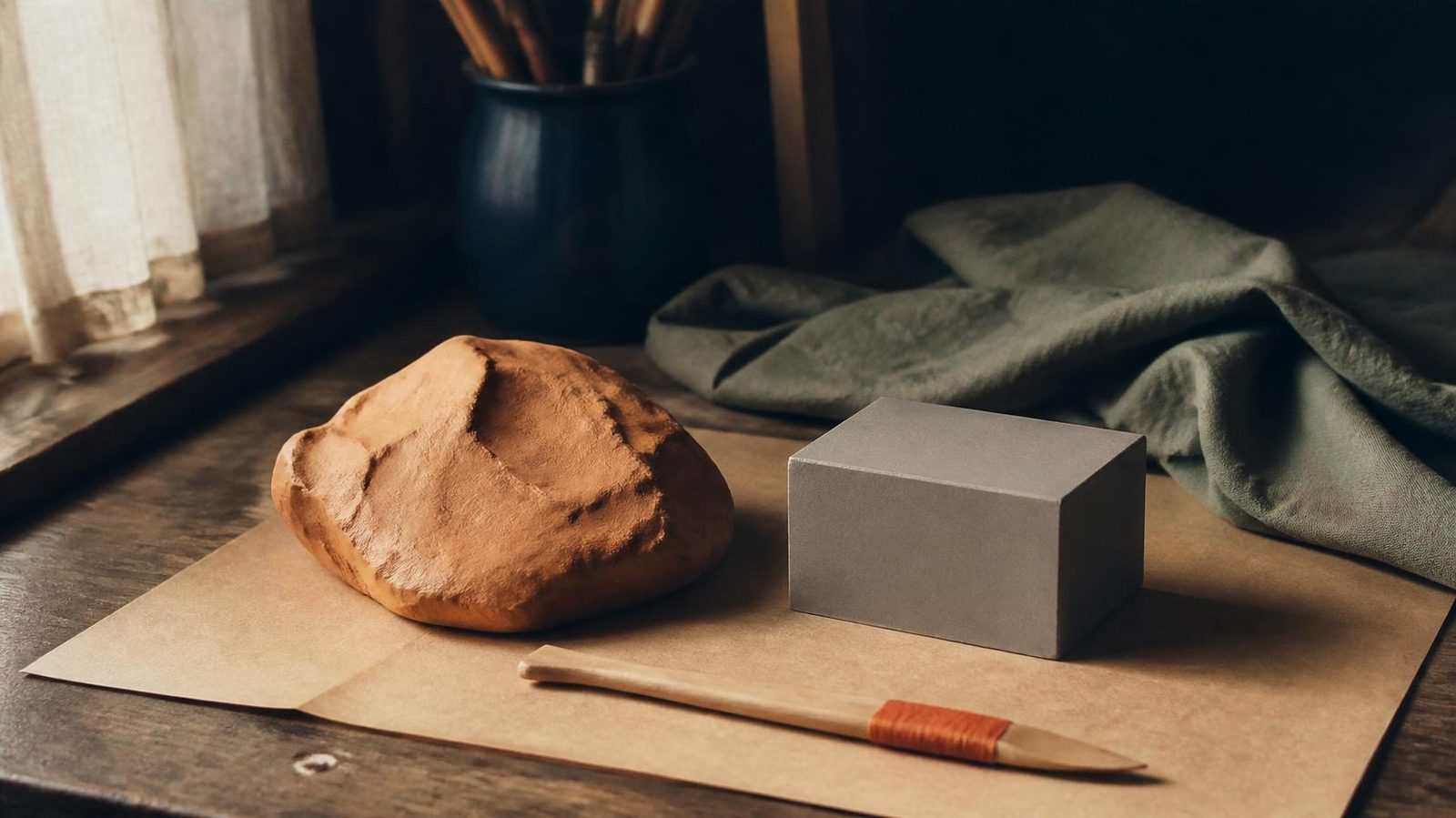 A lump of clay sits beside a plain gray block and a wooden sculpting tool on warm paper.