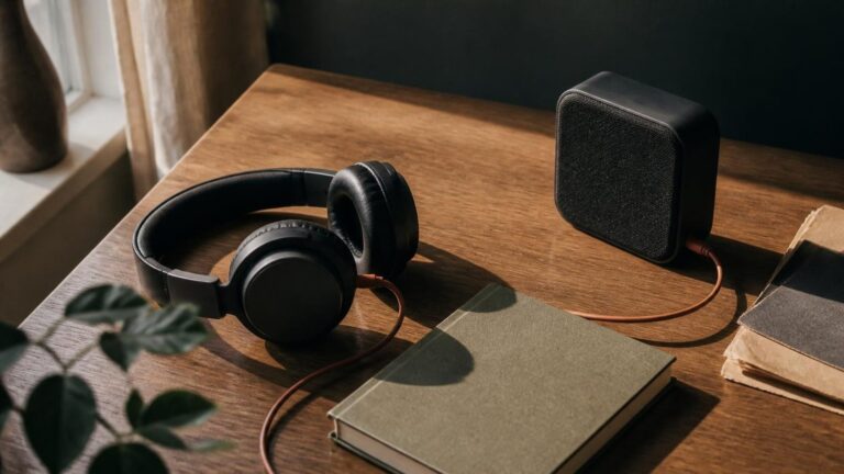 Plain headphones and a small speaker on an oak desk are joined by one clay-orange cable.