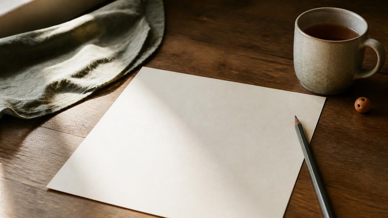 A blank sheet of paper, a pencil, and a mug of tea rest on an oak desk in window light.