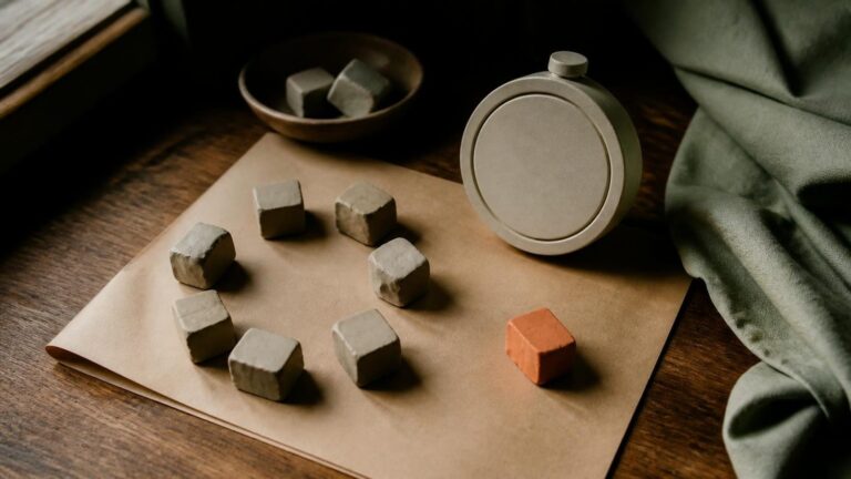 Clay blocks sit in a loose circle on warm paper, with one orange block set aside beside a blank timer.