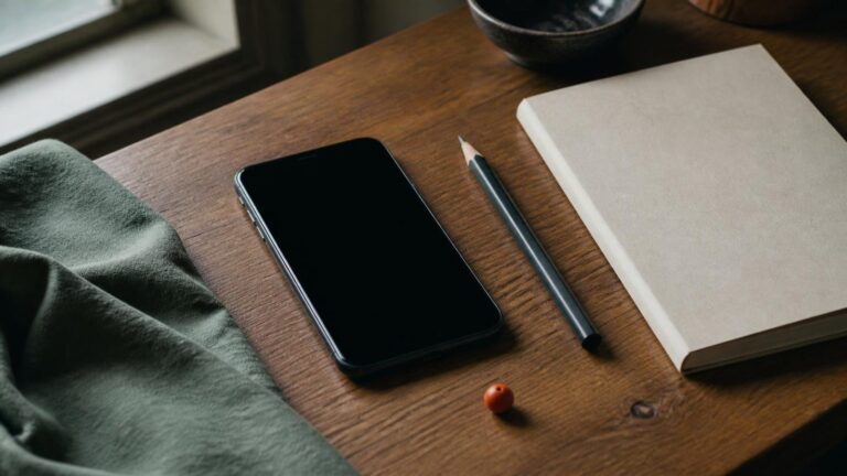A phone with a dark blank screen lies beside a pencil and a closed notebook on an oak desk.