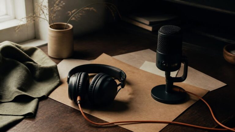 A small microphone and headphones with a clay-orange cable rest on warm paper.