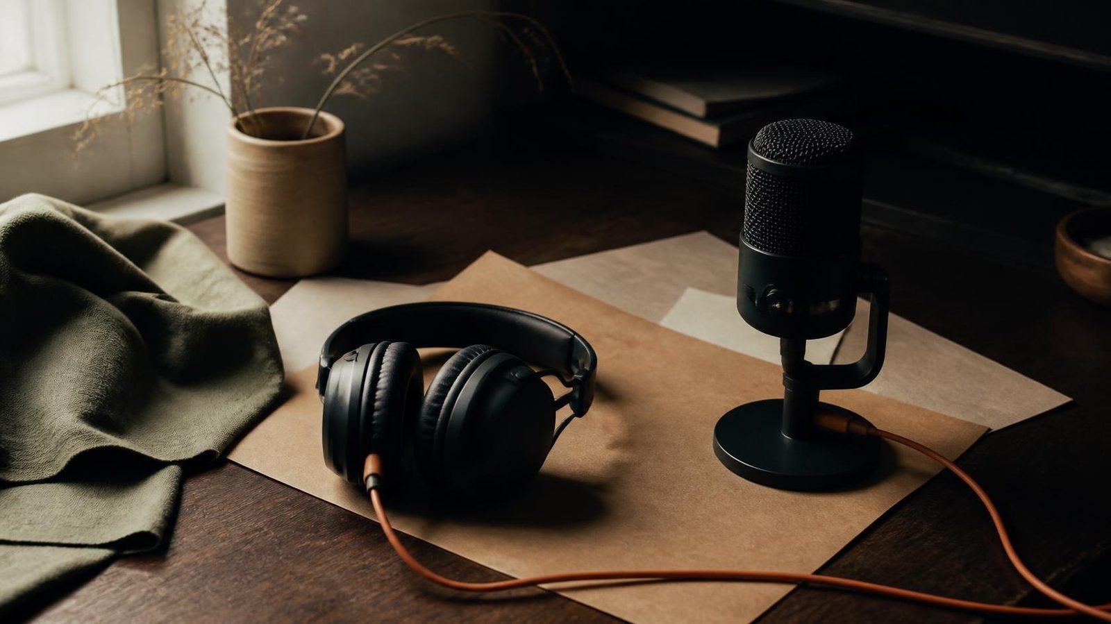 A small microphone and headphones with a clay-orange cable rest on warm paper.