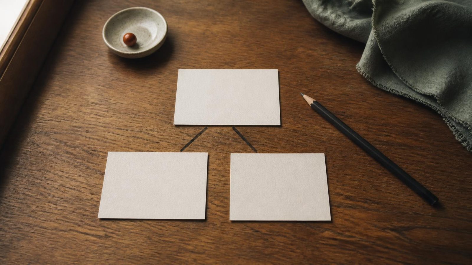 Three blank index cards branch from one card toward two, with a pencil beside them on an oak desk.