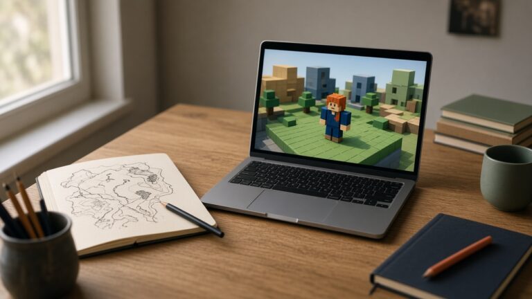 A blocky character standing on a green baseplate, shown on a laptop at a wooden desk