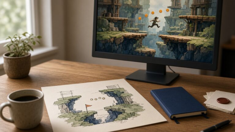 A 2D platformer on a monitor, with a sketched level on the desk