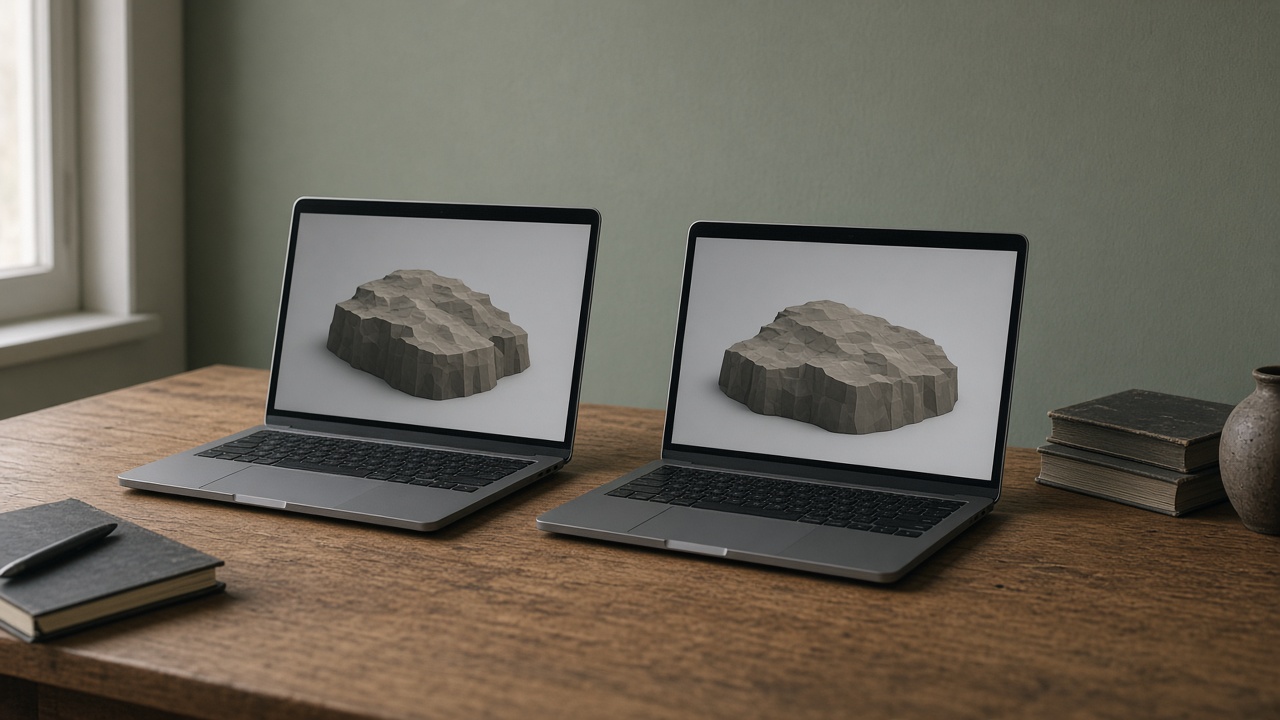 Two laptops showing the same blocky island from different angles