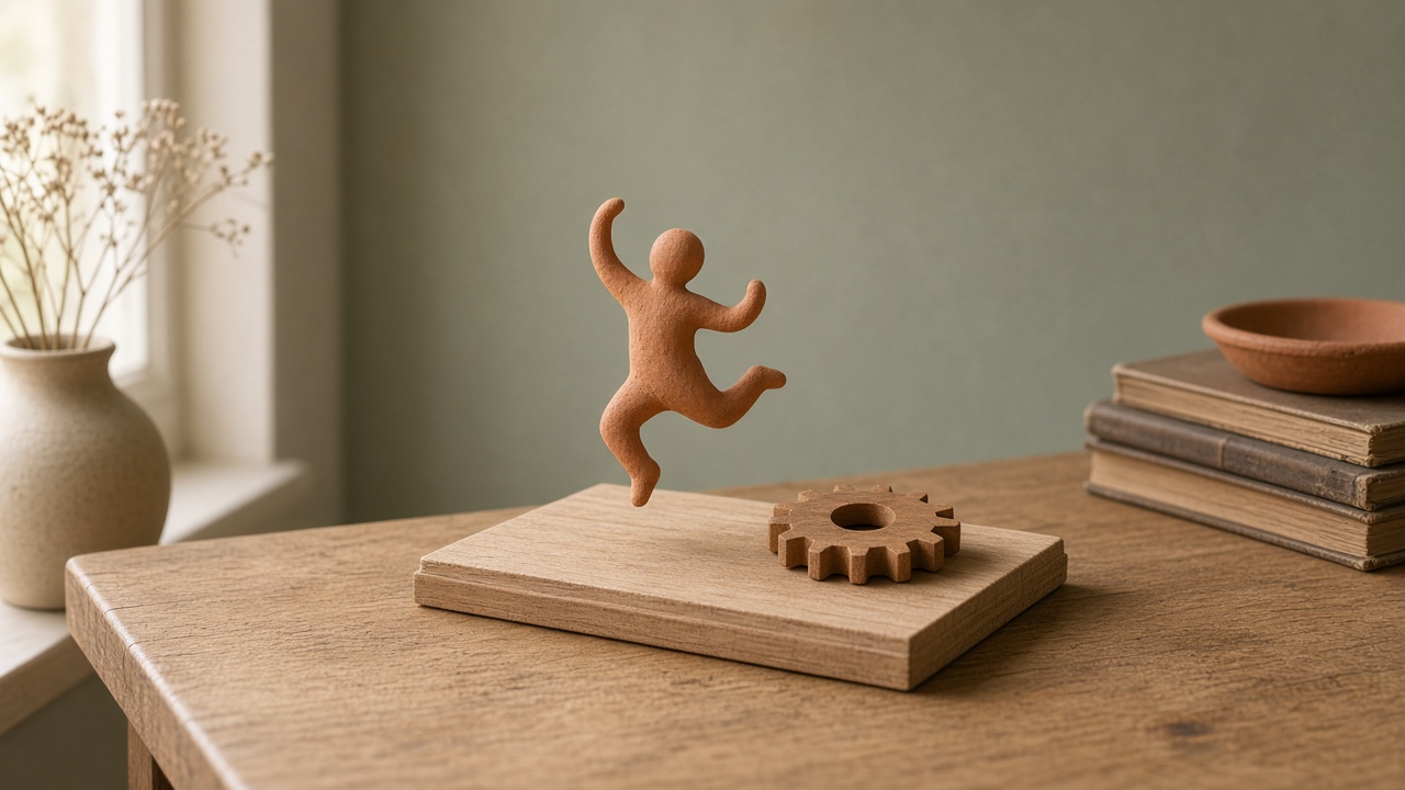 A small clay figure jumping over a wooden gear