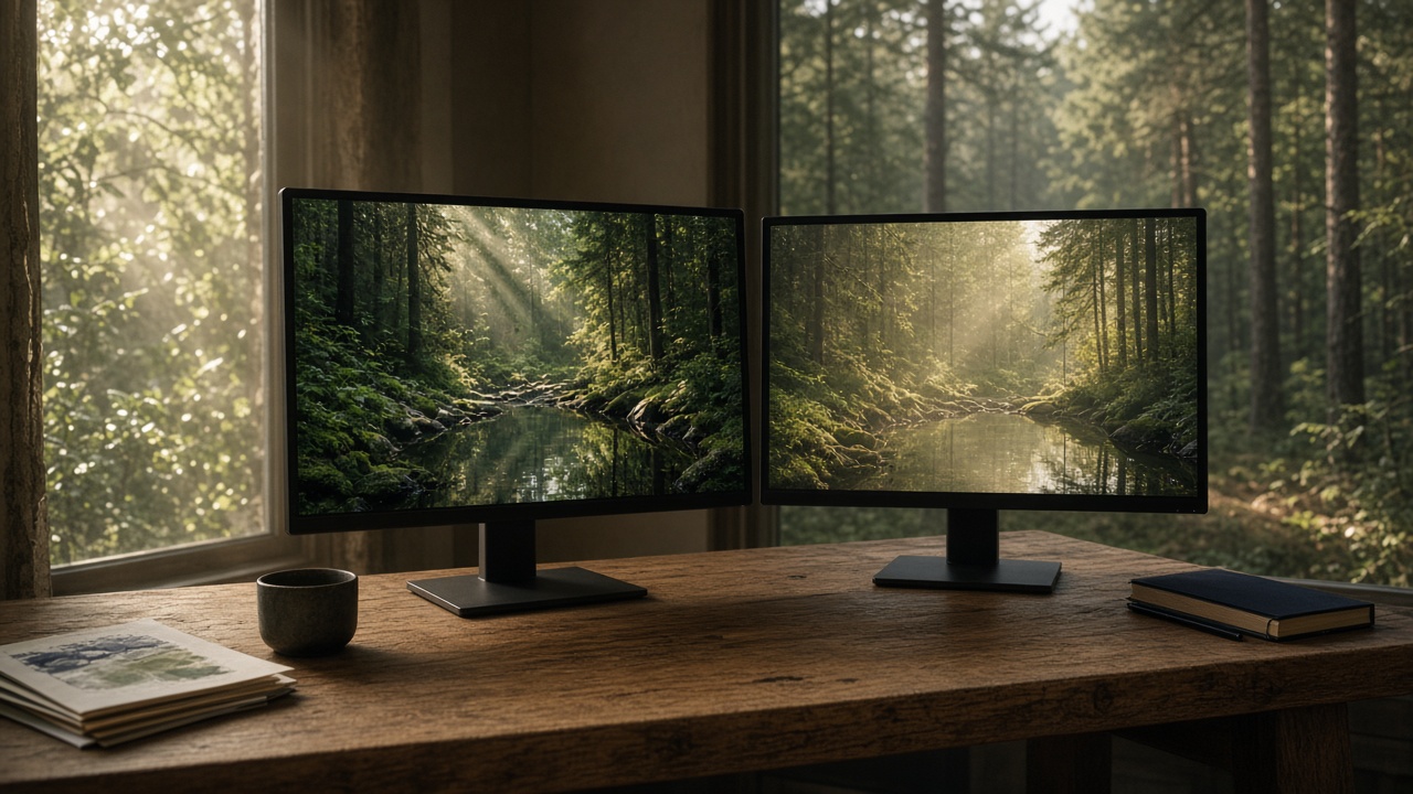 Two monitors showing the same forest, one denser and one softer