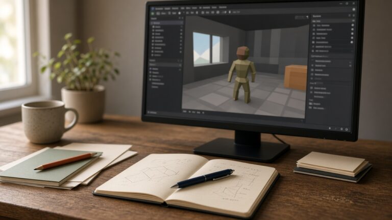 A simple low-poly character in a grey room, on a monitor at a desk