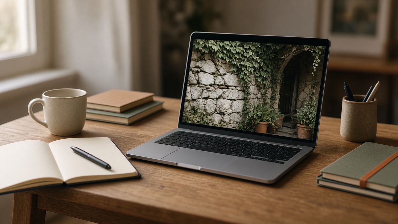 A laptop showing a stone courtyard covered in ivy