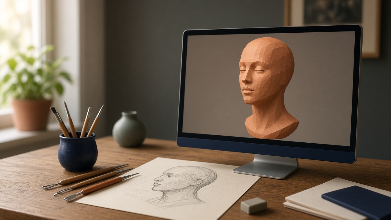 A clay character bust on a monitor, with sculpting tools and a pencil sketch on the desk