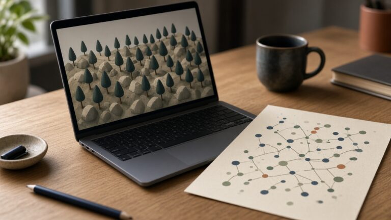 A laptop showing a simple generated hillside of trees and rocks