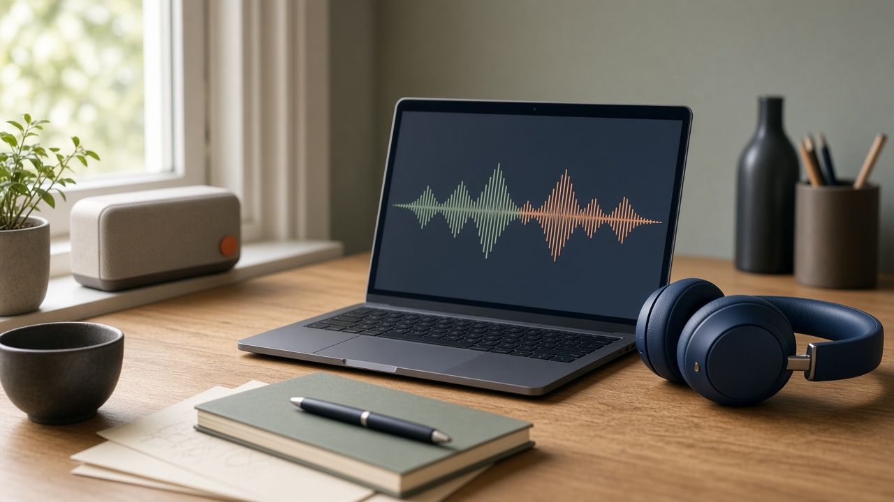 Headphones beside a laptop showing a soft sound wave