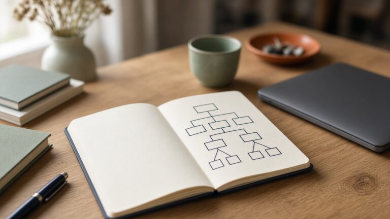 An open notebook with an empty branching diagram and a closed laptop
