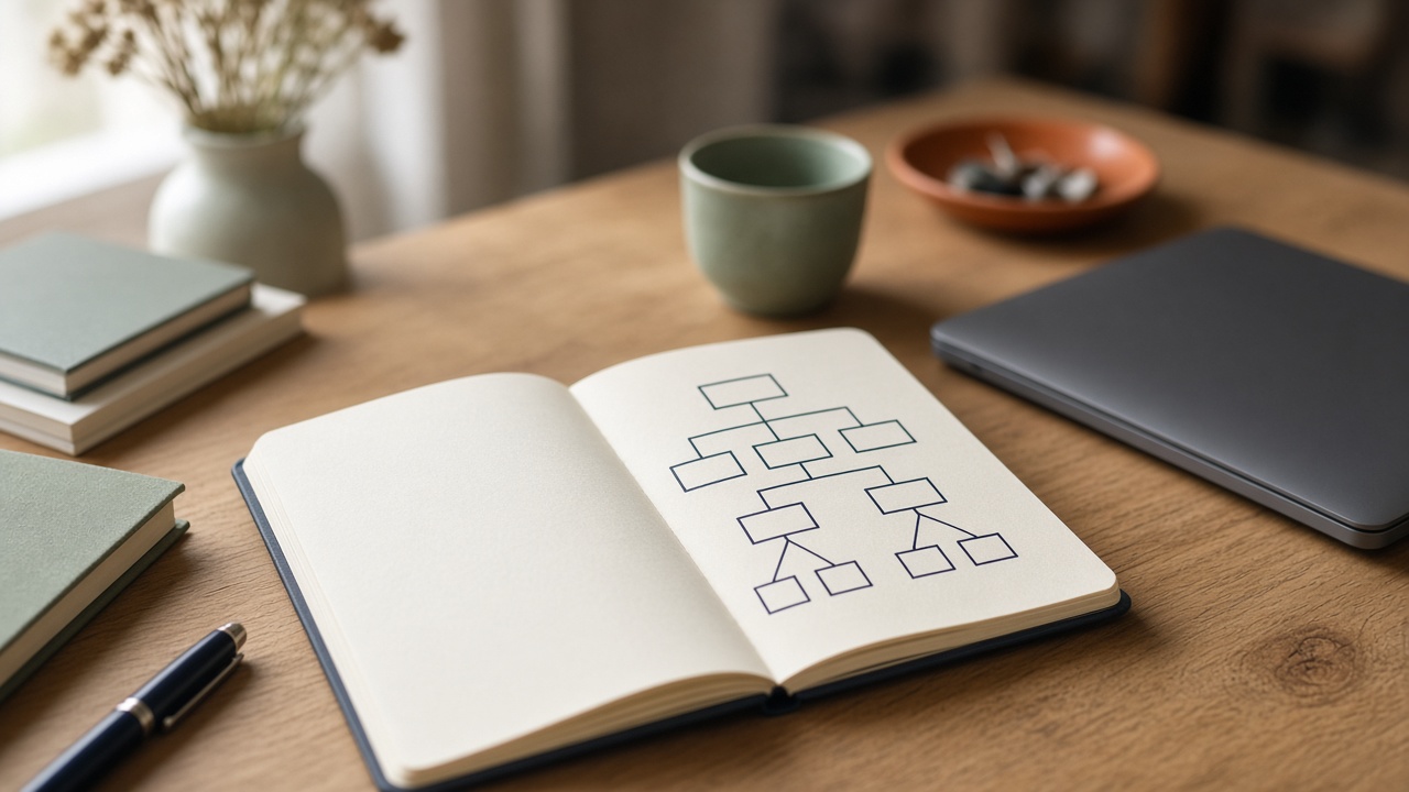 An open notebook with an empty branching diagram and a closed laptop