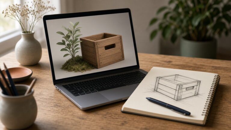 A laptop showing a wooden crate and a plant, with a sketch of the crate beside it