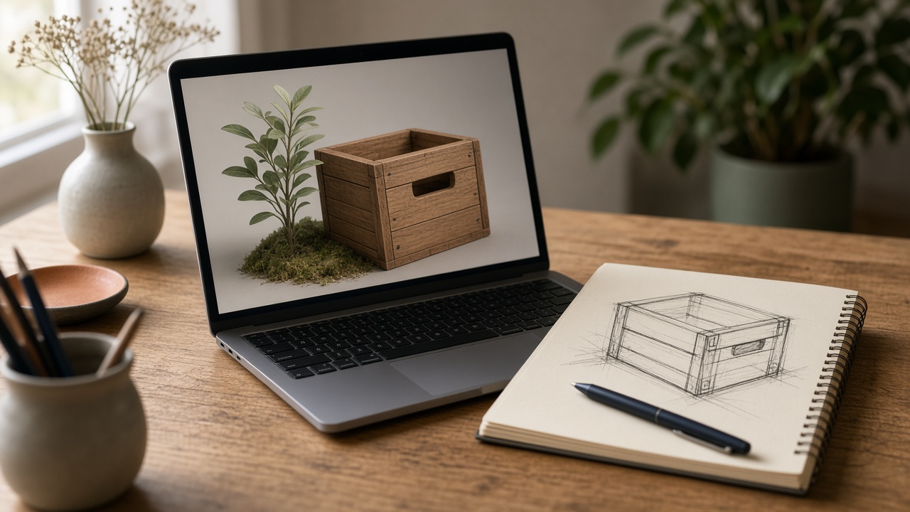 A laptop showing a wooden crate and a plant, with a sketch of the crate beside it