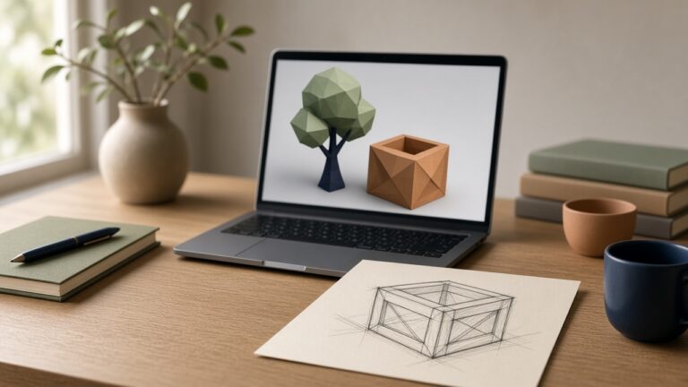A laptop showing a low-poly tree and crate, with a pencil sketch of the crate