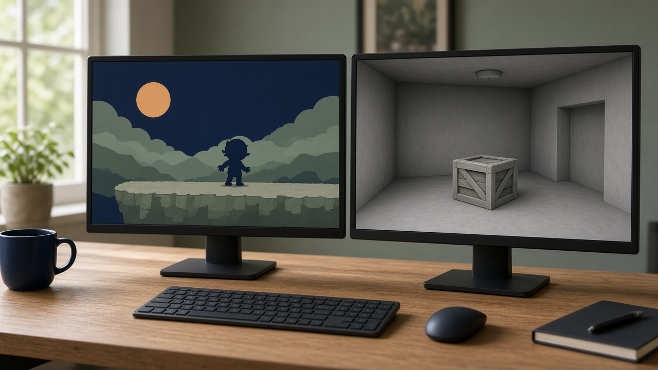 Two monitors, one with a 2D platform scene and one with a simple 3D room