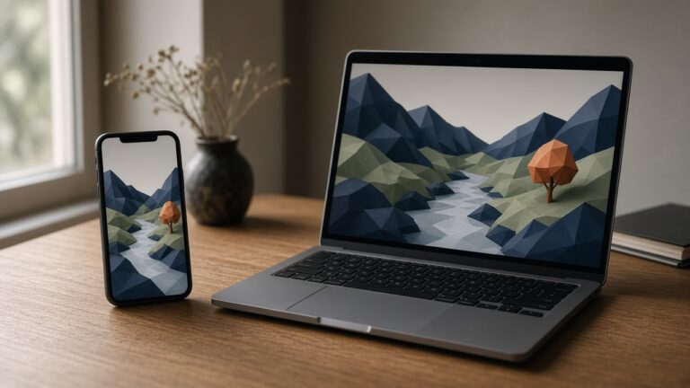 A phone and a laptop showing the same low-poly landscape