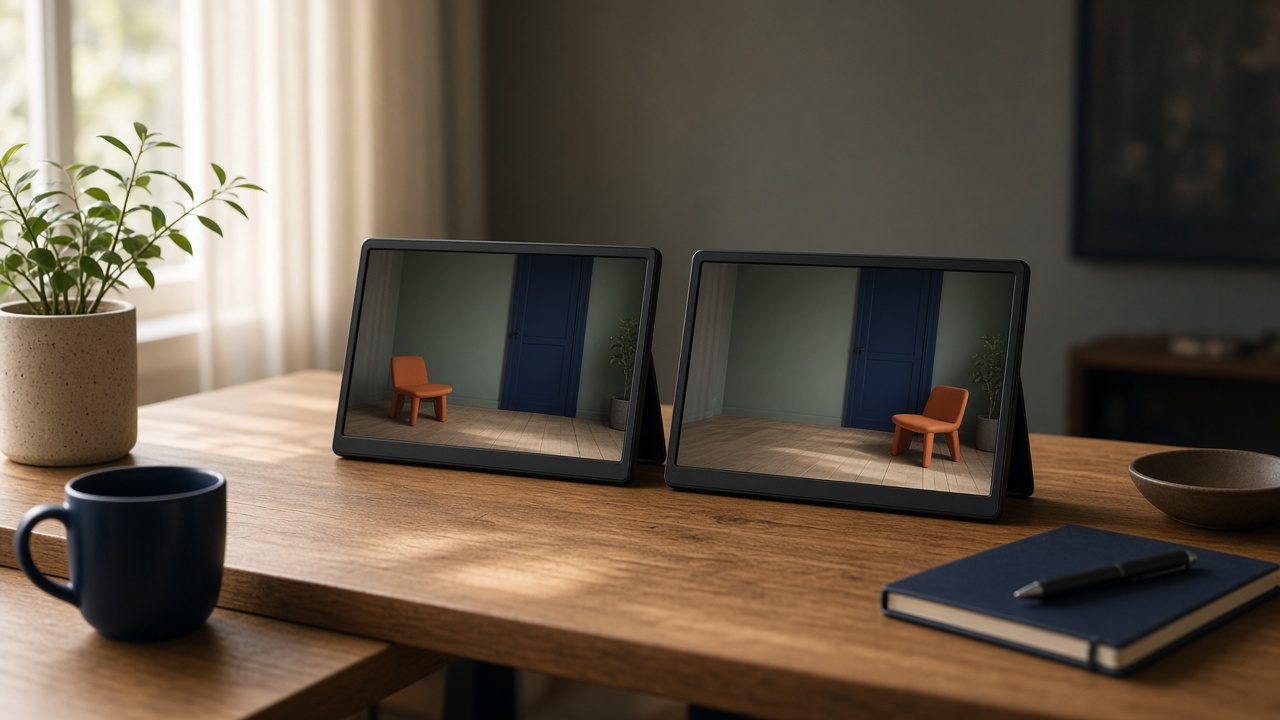 Two small screens showing the same room from slightly different angles