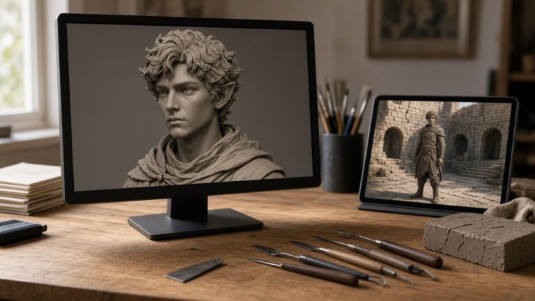 A sculpted character on a monitor and the same character in a stone courtyard