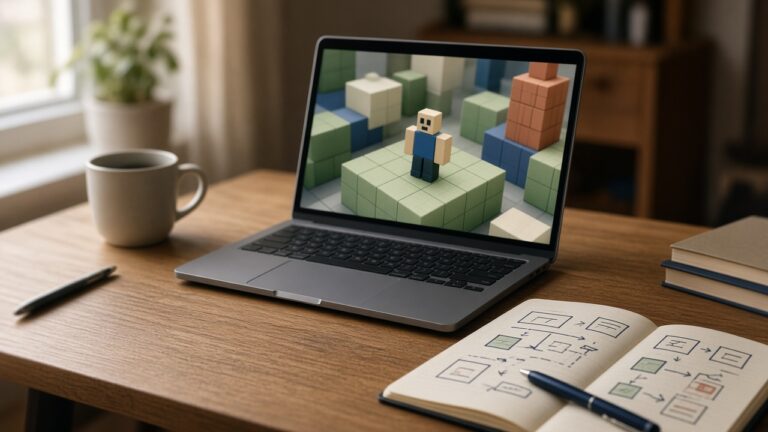 A laptop showing a blocky avatar, with a notebook of unlabeled boxes