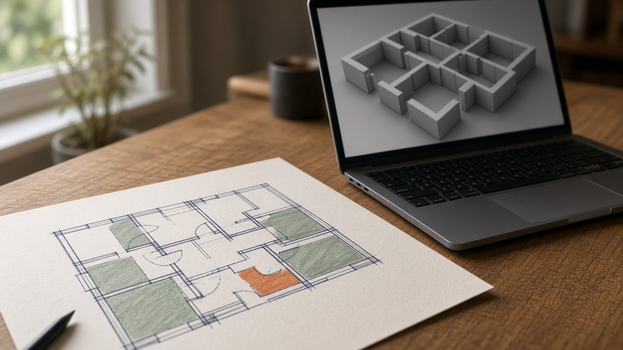 A hand-drawn room plan beside a laptop showing a grey blockout of those rooms
