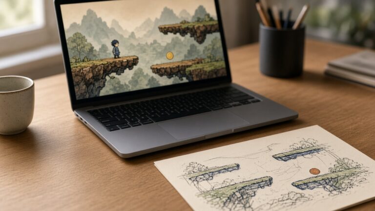 A laptop showing a 2D platformer and a sketched level