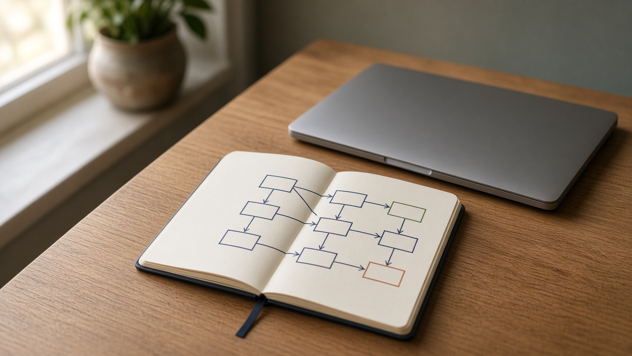 An open notebook of empty connected boxes beside a closed laptop