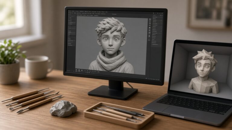 A sculpted character bust on a monitor and a low-poly version on a laptop
