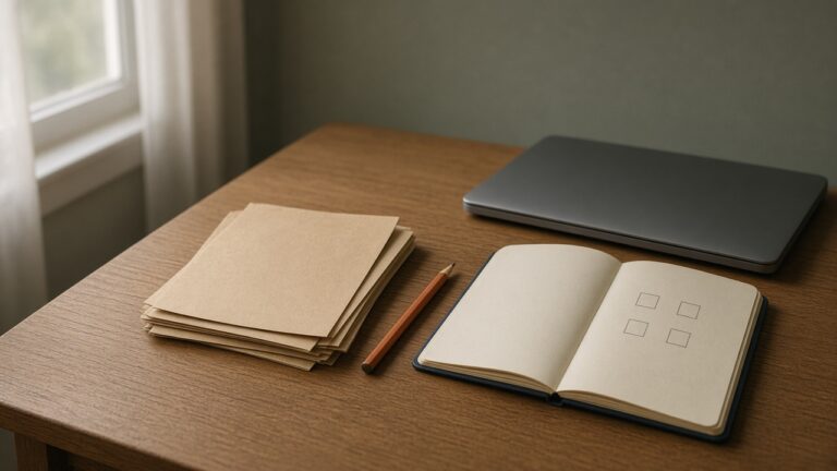 A notebook with four empty checkboxes beside a closed laptop