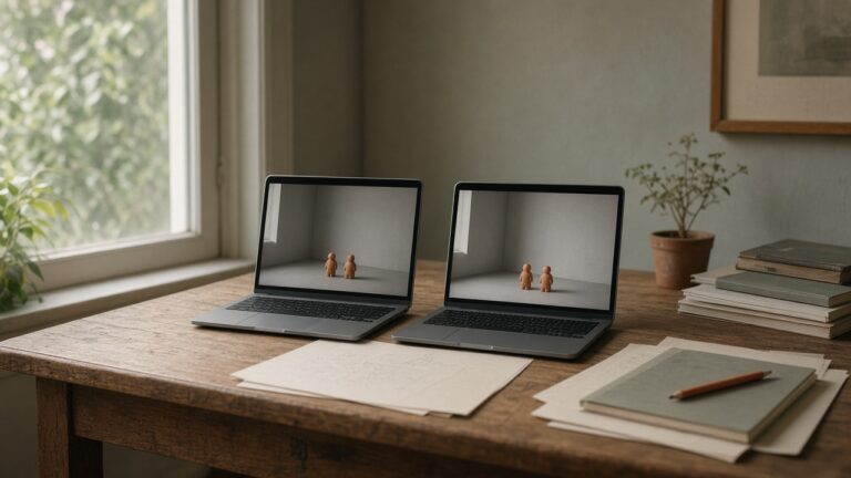 Two laptops showing the same small room with two clay figures