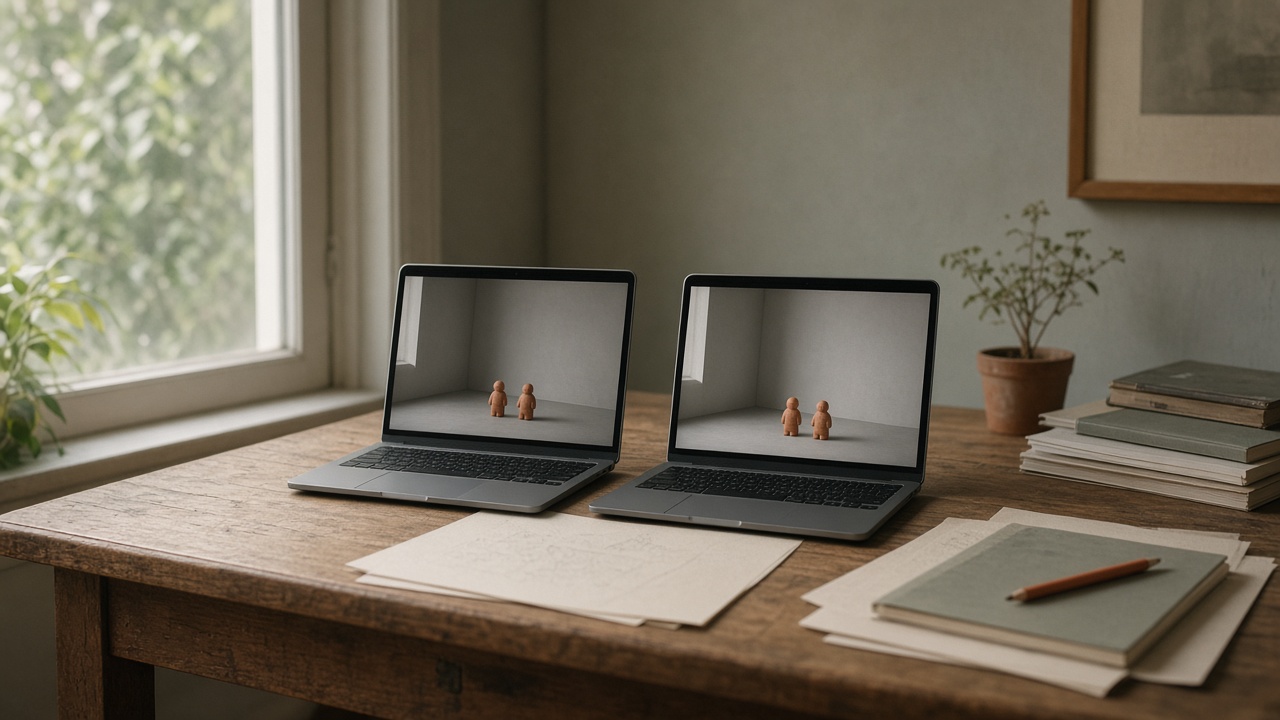 Two laptops showing the same small room with two clay figures