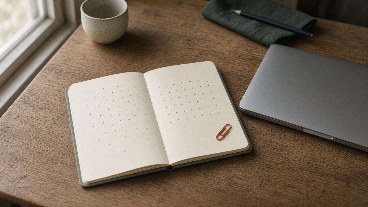 A notebook with scattered dots on one page and neat rows on the other