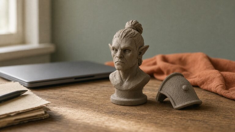 A clay character bust with a separate clay shoulder piece