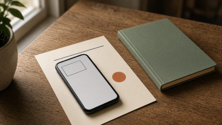 A phone on warm paper beside a closed green notebook