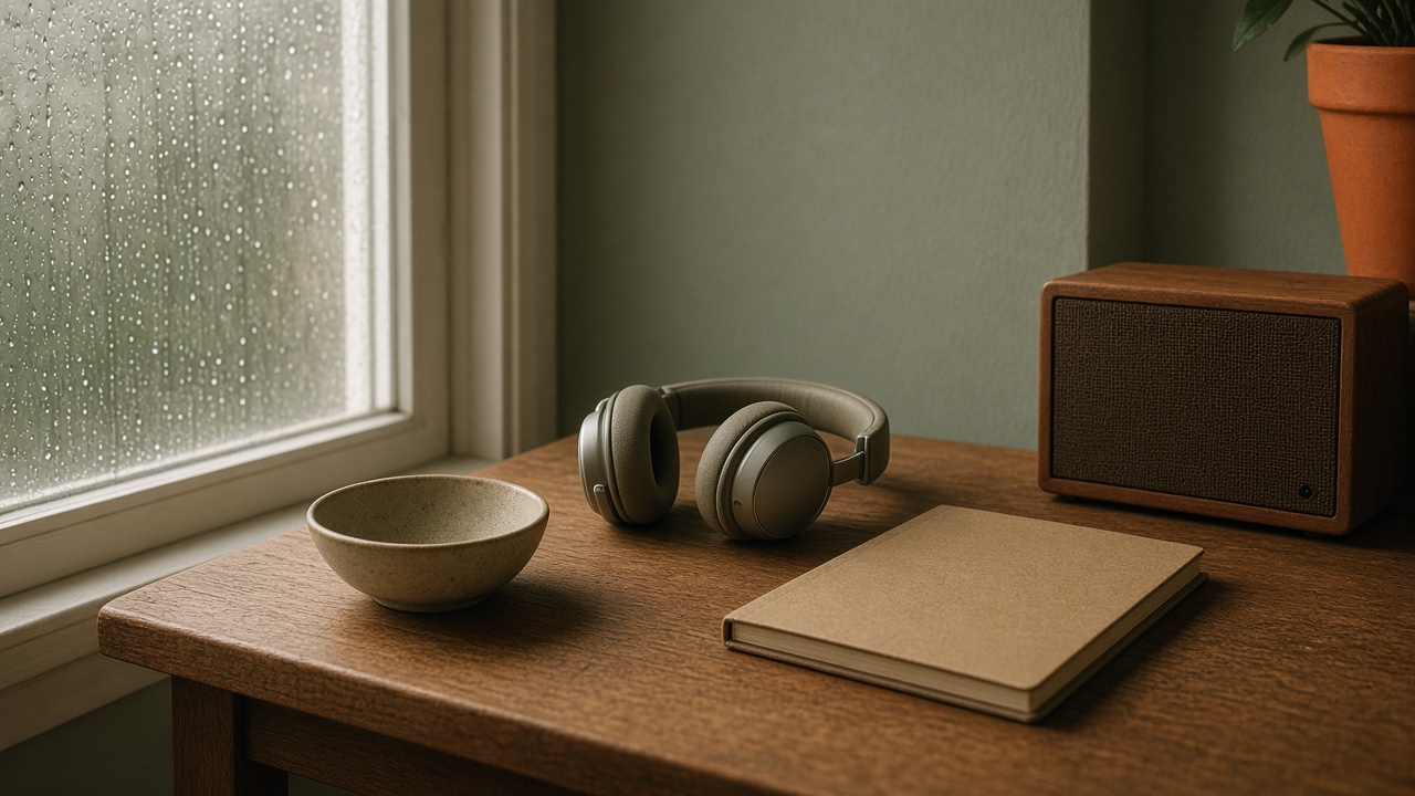 Headphones and a small wooden speaker on a desk by a rainy window