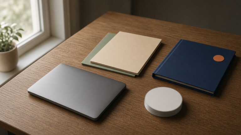 A closed laptop, a navy folder, and a stack of blank discs
