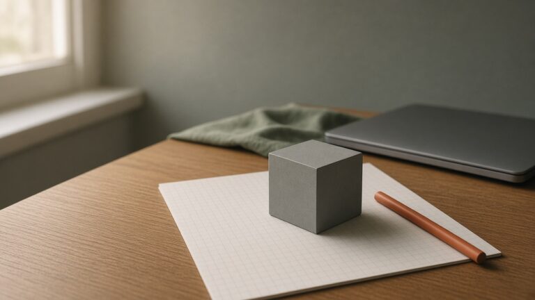 A grey cube on blank graph paper beside a closed laptop