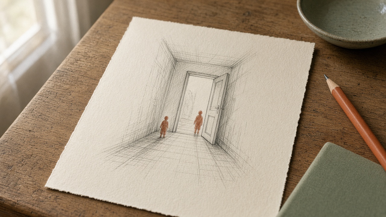 A pencil sketch of a corridor with two small figures by an open door