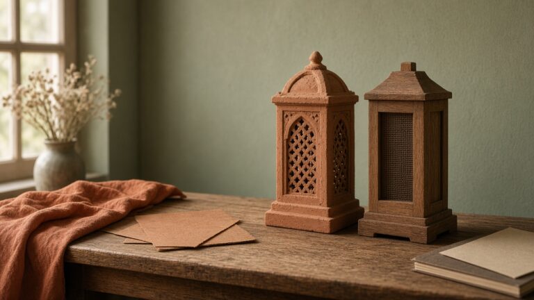 A carved clay lantern beside a simpler wooden lantern