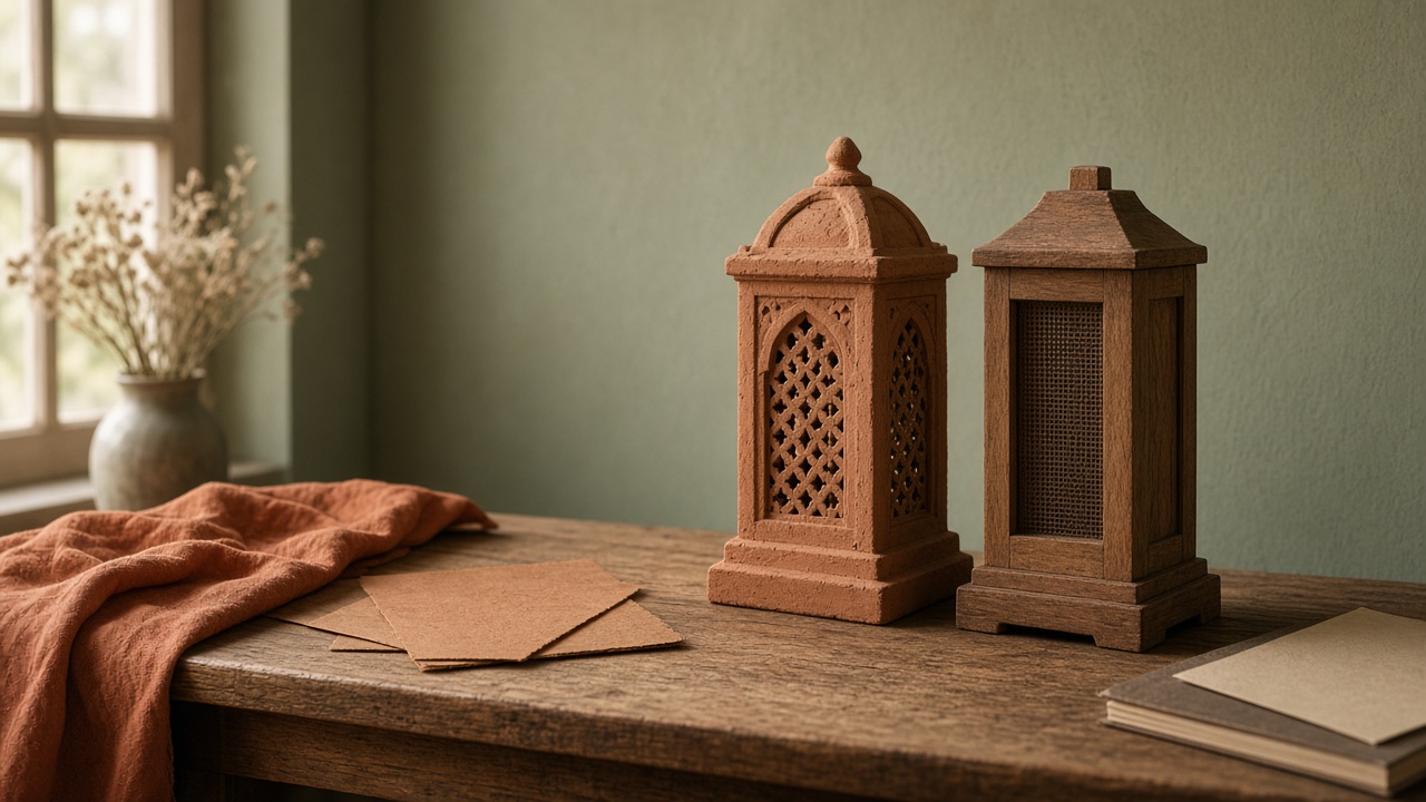 A carved clay lantern beside a simpler wooden lantern
