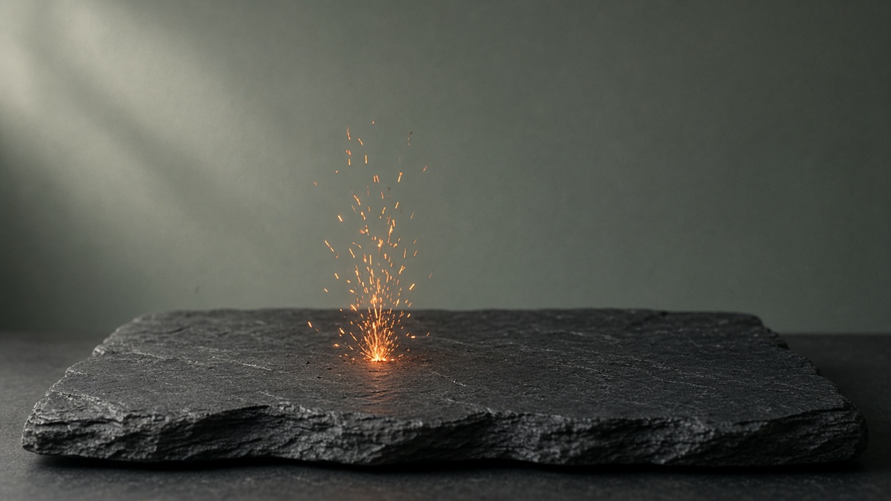 Orange embers rising from a dark slate surface