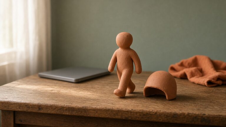 A small clay figure mid-step beside a clay helmet